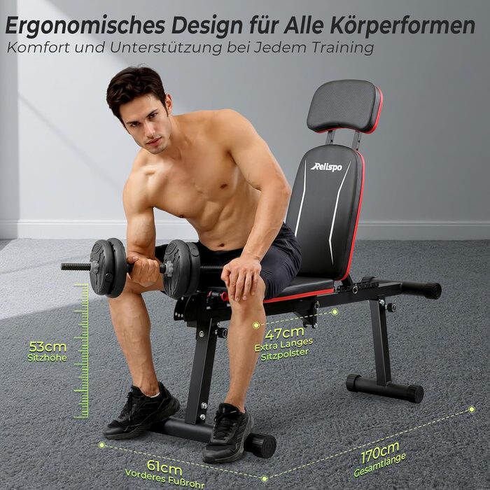 Регульована лавка для тренувань з гантелями, 9 положень спинки, складана, вантажопідйомність 550 кг, для силових тренувань всього тіла, великі чоловіки