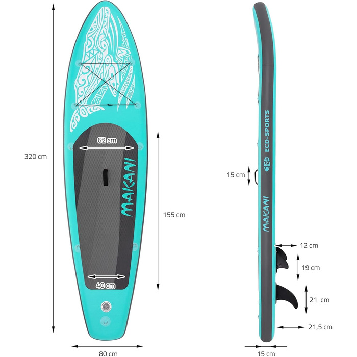 Надувна SUP-дошка ECD Germany Makani 305–380 см, PVC, до 150 кг, товщина 10/15 см, з сидінням для каяка, комплект сумка, весло, зелена