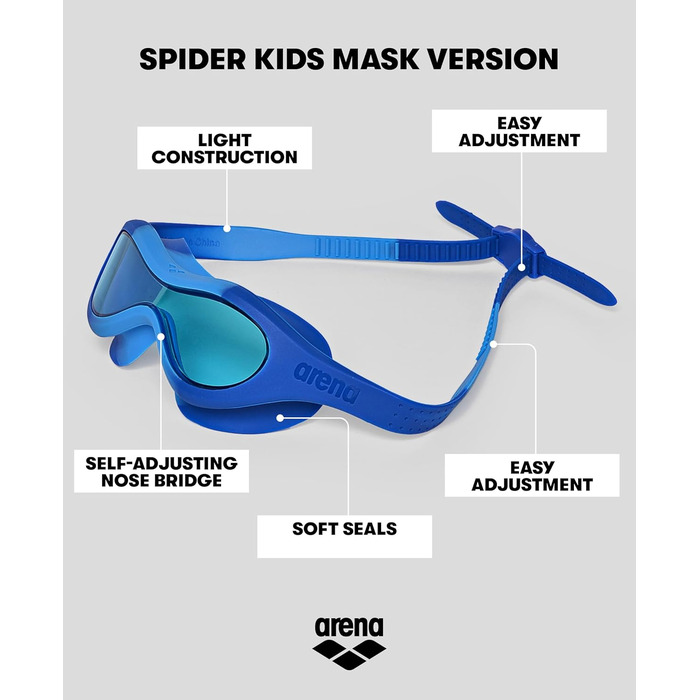 Дитяча маска для плавання arena Spider Kids – антифог, великі лінзи, середньотемні, UV-захист, саморегульований перенісся
