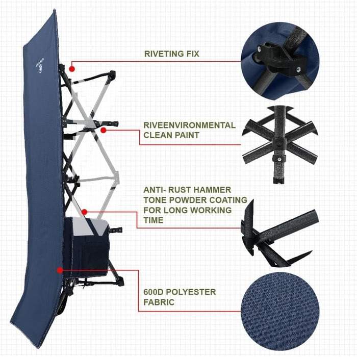 Розкладне ліжко для кемпінгу HIGH POINT SPORTS XXL (270 кг) - стабільне, легке, з сумкою та кишенею, 190x67x35 см, темно-сірий