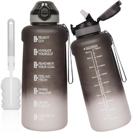 DEARRAY Тританова пляшка для води 2л з трубочкою та часовою розміткою, BPA-free, спортивна мотиваційна пляшка для фітнесу і тренажерного залу, чорна-біла