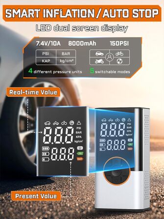 Електрична портативна насосна станція BIBURY 8000mAh для авто, мото, велосипедів та м'ячів, компресор 150 PSI з LED-дисплеєм, 5 режимів, акумулятор, ліхтар