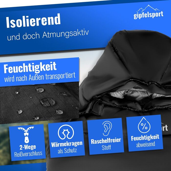Сплячий мішок Gipfelsport Ultraleicht 4 сезони [-20°C - 15°C] | Ultralight, -5°C, для кемпінгу, трекінгу та подорожей (синій/чорний)
