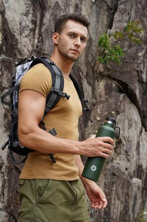 Фляга спортивна Feijian 1л з карабіном, нержавіюча сталь, термофляга для води, кави, чаю, без BPA, для туризму, школи, кемпінгу, велосипеду, армійний зелений