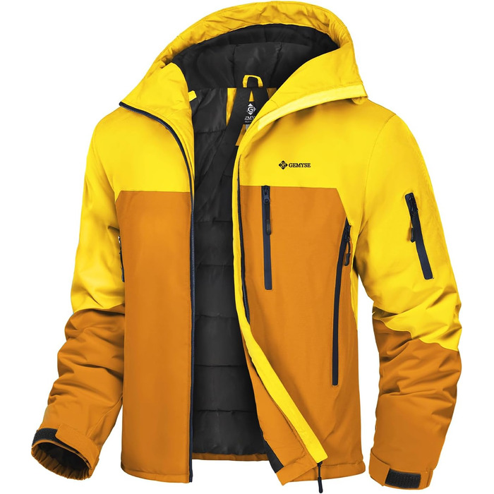 Чоловіча лижна куртка GEMYSE з інтегрованими підтяжками та капюшоном. Тепла водонепроникна зимова куртка-вітрівка для сноубордингу та хайкінгу. Розмір XXL. Кольори: золотисто-жовтий та реальгар-коричневий