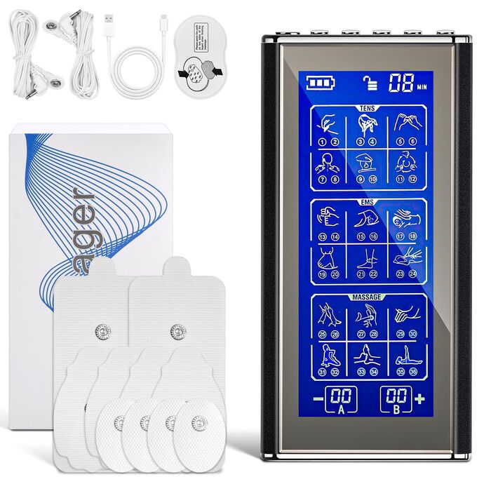 Пристрій TENS/EMS для зняття болю: 3-в-1 Reizstromgerät з 36 режимами, електрична стимуляція нервів, 2 канали, 10 електродів для рук, ніг, спини, плечей (чорний)