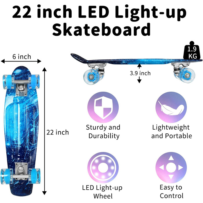 Скейтборд BELEEV 22 дюйми Mini Cruiser з LED колесами та T-Tool, для дітей, підлітків, дорослих, Galaxy Blue
