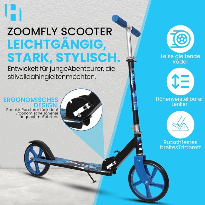 Дитячий трюковий самокат Habib Kickroller – складаний, з регулюванням висоти, великі колеса, до 80 кг, блакитний