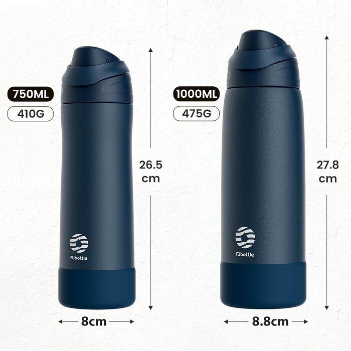Спортивна пляшка для води Fjbottle з нержавіючої сталі 750 мл, синя — з кнопкою відкриття, силіконовим дном та щіткою для чищення