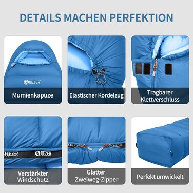 Спальний мішок Daunenschlafsack: теплий зимовий спальник з гусячим пухом 650 fill power, RDS-сертифікований. Діапазон температур: від 8°C до -30°C. Ідеально підходить для кемпінгу та альпінізму. Чорний (-10°C), Синій (-3°C)