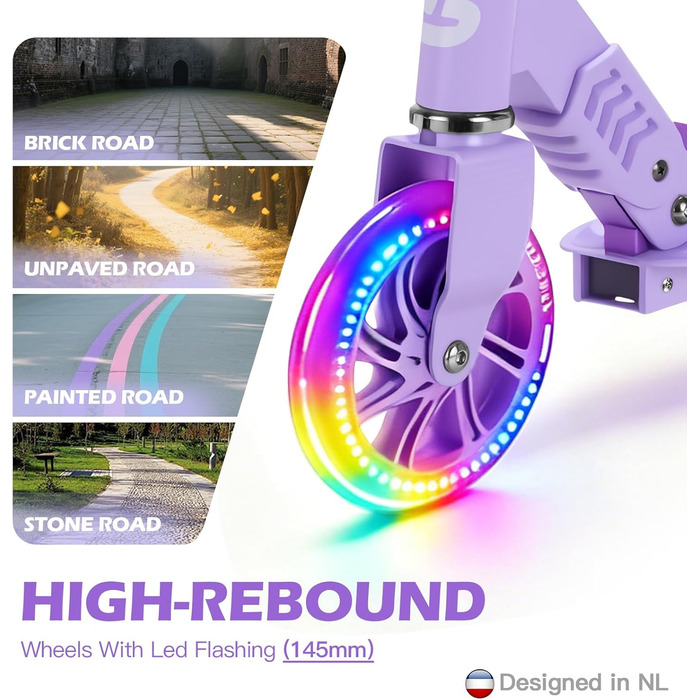 Самокат дитячий SUOTU з колесами 145 мм, до 100 кг, світлодіоди, складаний, регульована висота, для хлопчиків та дівчаток, алюмінієвий (Фіолетовий)