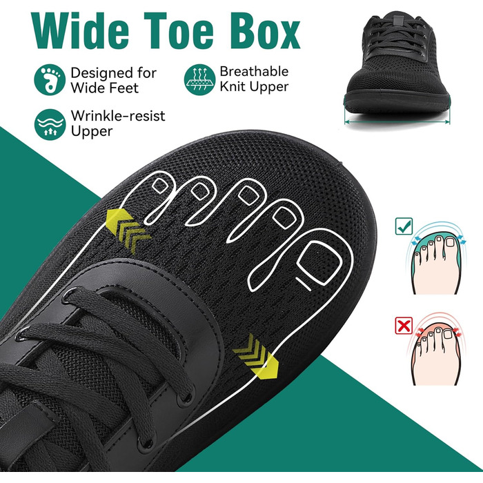 Босижні кросівки для жінок та чоловіків, мінімалістичні босижні взуття з широкою передньою частиною та нульовим перепадом, легкі дихаючі кросівки для фітнесу, хайкінгу, бігу та повсякденного носіння 40 EU широкі чорні 1125