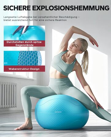 Гімнастичний м'яч HAPBEAR 55/65/75см - Анти-вибух, неслизький, з масажними попками, товстий PVC, до 200кг, комплект з насосом та гумками для фітнесу, офісу та йоги (Хмарно-блакитний, XL)