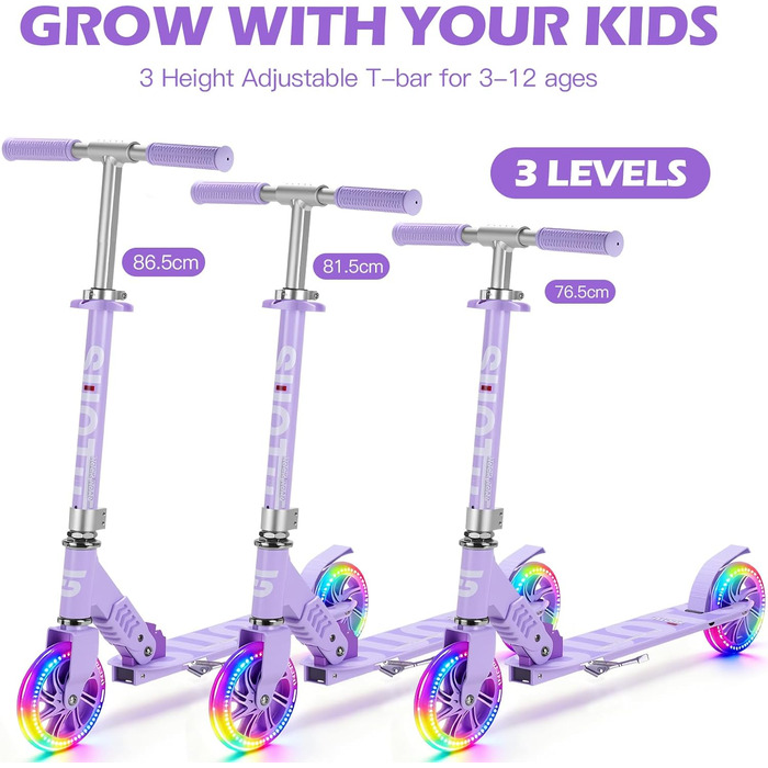 Самокат дитячий SUOTU з колесами 145 мм, до 100 кг, світлодіоди, складаний, регульована висота, для хлопчиків та дівчаток, алюмінієвий (Фіолетовий)