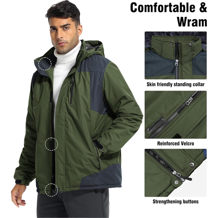 Зимова куртка для чоловіків: тепла, водонепроникна, для катання на сноуборді та активного відпочинку на природі. Зелена (армійний зелений), розмір M