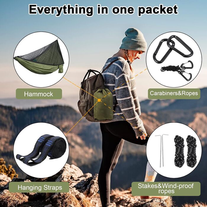 Гамак для відпочинку на відкритому повітрі Uphitnis з москітною сіткою, 272 кг вантажопідйомність, дихаючий, ультралегкий, нейлон, для кемпінгу та подорожей, оливковий колір