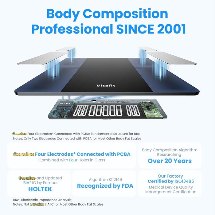 Ваги Vitafit для тіла з Bluetooth, аналіз складу тіла (жир, BMI, м'язи), максимальне навантаження 250 кг, точність, чорний