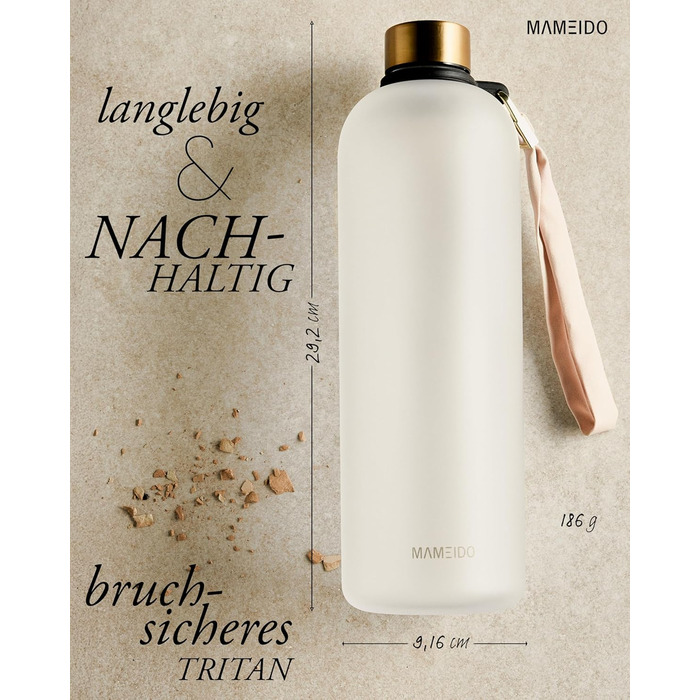 Фляга для води MAMEIDO 1 л з мітками часу, BPA-free, для спорту, фітнесу та офісу (1500 мл, Frosted White Gold)