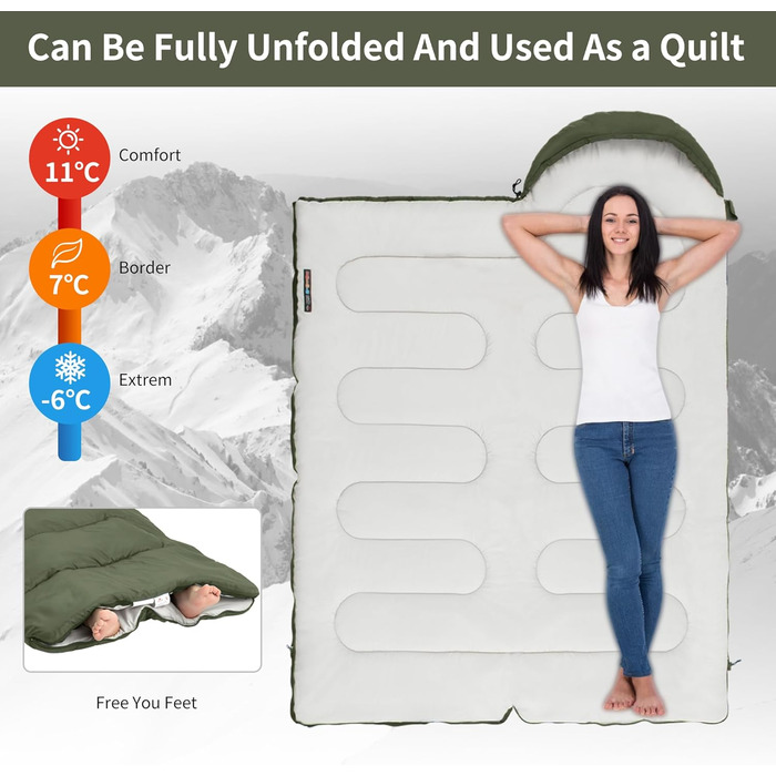 Сплячий мішок Naturehike з капюшоном, ковдровий спальник для кемпінгу, легкий та зручний, ідеальний для відпочинку на природі та подорожей, армійного кольору (7~11°C)