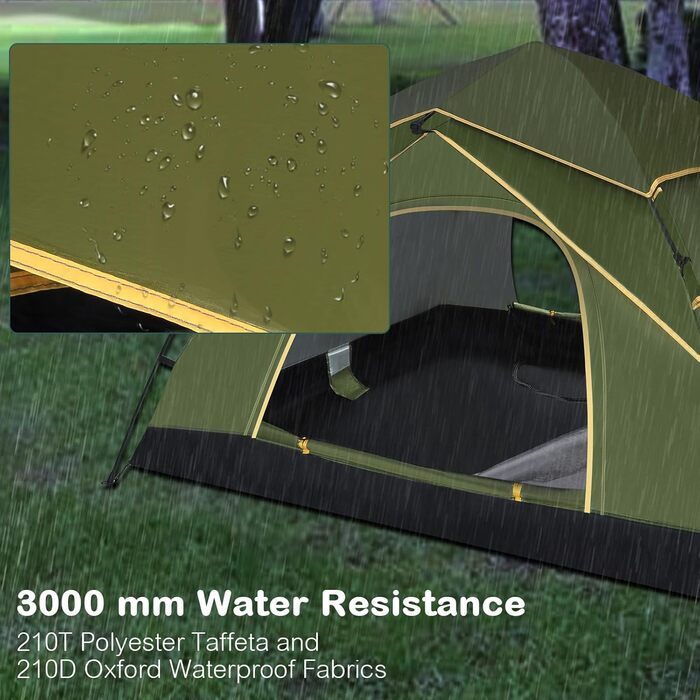 Намет для кемпінгу Jaztral 3-4 особи, автоматичний, куполоподібний, водонепроникний, вітростійкий, 3-4 сезонний, для сім'ї, трекінгу та кемпінгу, колір: зелений