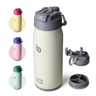 Фляга для води BOTTLE Edelstahl 473мл з трубочкою та відділенням для пігулок - BPA Free, для універу, школи, спорту, дитячого садка (сіра)