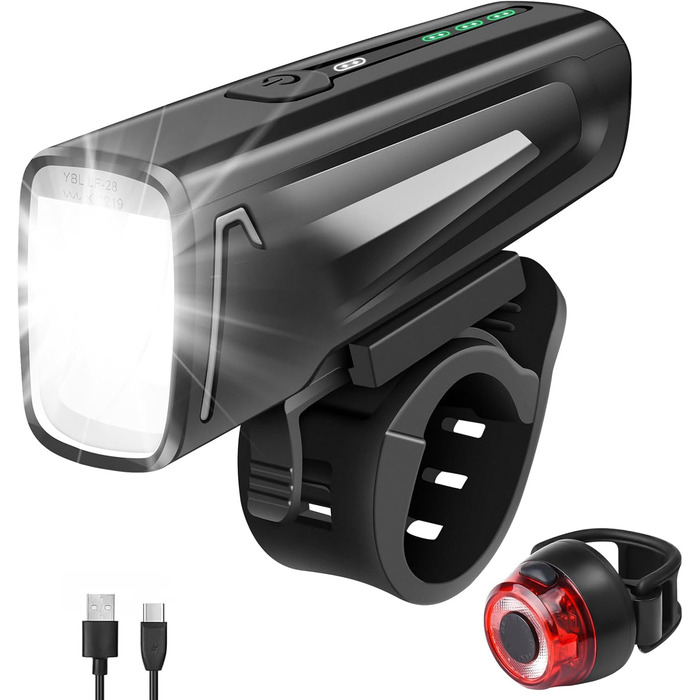 Набір LED-ліхтарів для велосипеда: передній ліхтар (60/35 LUX, 2 режими), задній ліхтар (4 LUX, 1 режим), USB-C зарядка, IPX5 водостійкість