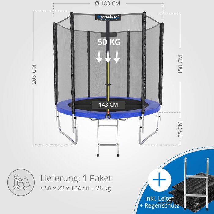 Батут KINETIC SPORTS Salto Plus Outdoor для дітей: Ø 183/244/305/366/400/430/490 см - Комплект з сіткою, захисним бордюром та сходами, до 160 кг