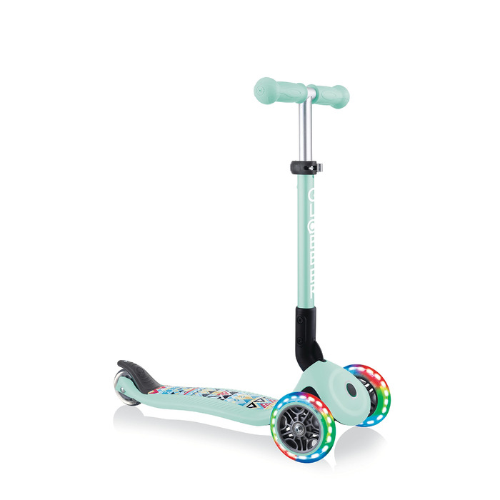 Самокат трьохколісний GLOBBER Junior Fantasy Lights складний, колеса 120/80 мм, ABEC 5, LED-підсвітка, м'ятний колір