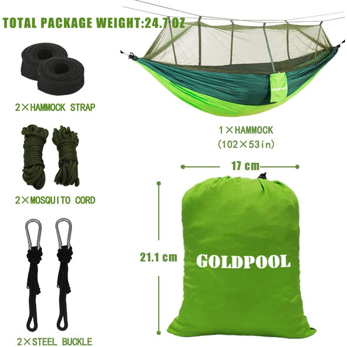 Гамак кемпінговий GOLDPOOL 300 кг, 275x140 см, нейлон, темно-зелений + 2 карабіни + 2 стропи