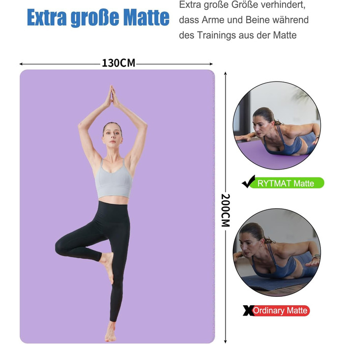 Йогамат XXL 200x130 см: фітнес-мат для занять йогою, фітнесом, спортом та активностями з дітьми. Товщина 20/15/10 мм. Зелений/світло-ліловий колір.