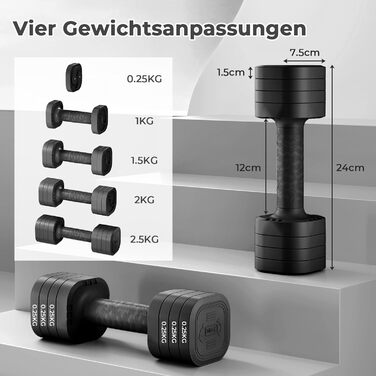 Набір гантелей Dripex регульовані 5 кг x2 або 2.5 кг x2, 6 шматків з регулюванням ваги 0.5 кг/0.25 кг (чорний)