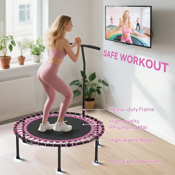 Трамплін для фітнесу HOMCOM 45' з регульованою ручкою, складний міні-трамплін для занять спортом вдома, витримує до 150 кг, рожевий