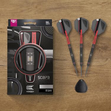 Професійний набір сталевих дротиків Target Darts Scope Swiss Point, 90% вольфрам, червоно-чорні, 21-25 г, з інструментом