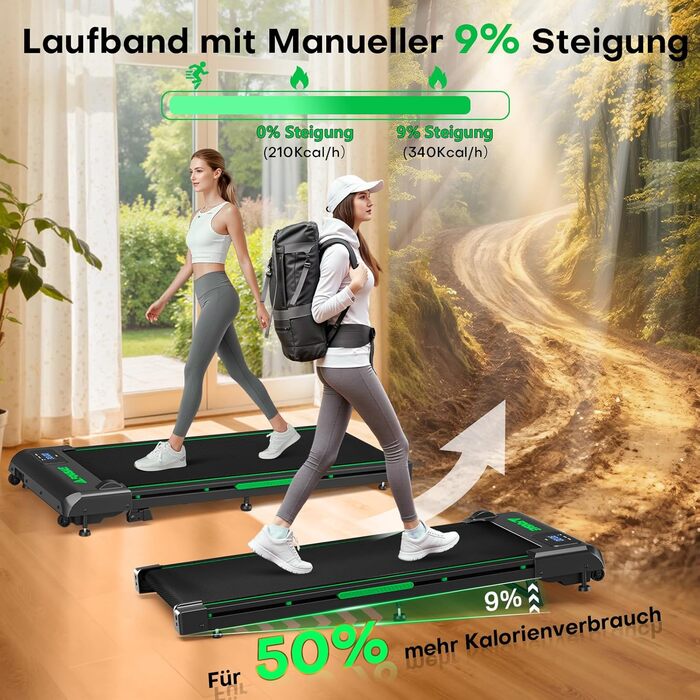 Walking Pad FOUSAE: Бігова доріжка для дому з регулюванням нахилу до 9%, LED-дисплеєм, пультом керування та мобільним додатком, 12 програм, до 150 кг, чорно-зелений