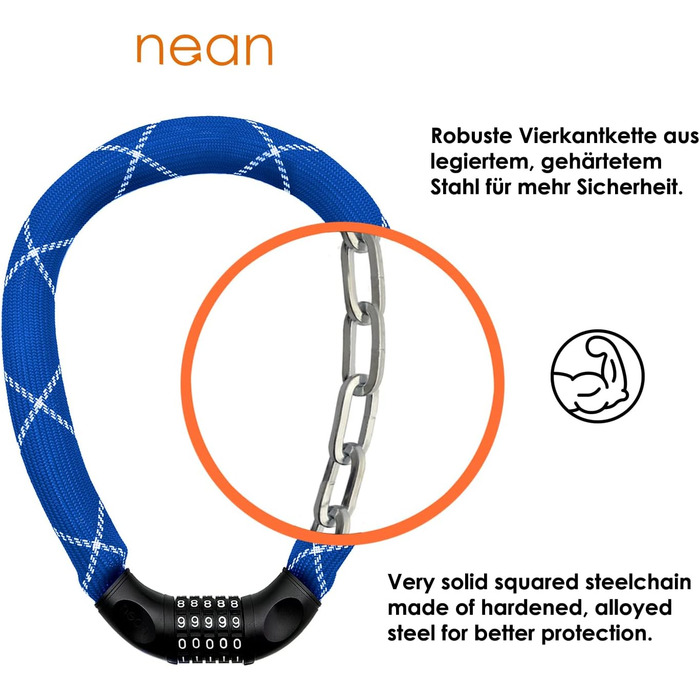 Надійне велозамок Nean з кодом, 6x6x900 мм, сталевий ланцюг, синій