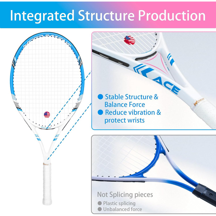 Тенісна ракетка для дорослих, 2 шт. для гри вдвох, 69 см, швидка, підходить для початківців та професіоналів, з 3 тенісними м'ячами, 2 демпферами вібрації, 2 оверґріпами, сумка для тенісу (рожево-блакитна)