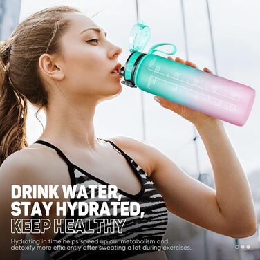 Спортивна пляшка для води 1L BPA-free з неслизьким гумовим ручками, зелено-фіолетовий градієнт, 1000 мл