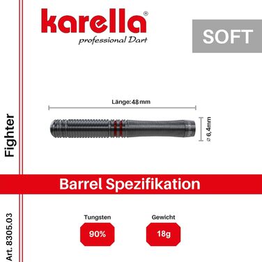 Дартс Karella Fighter 90% вольфрам, 18-24 г, стілдарти та софтдарти, для класичної та електронної мішені, з металевими та пластиковими наконечниками