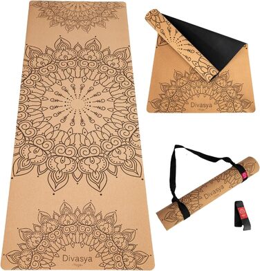 Йога мат Premium Kork: з натурального каучуку та корку | 100% натуральний та екологічний | 183 x 66 x 0,4 см | з чохлом для перенесення | антиковзаюча | без шкідливих речовин | без TPE | міцний та довговічний | дизайн Мандала