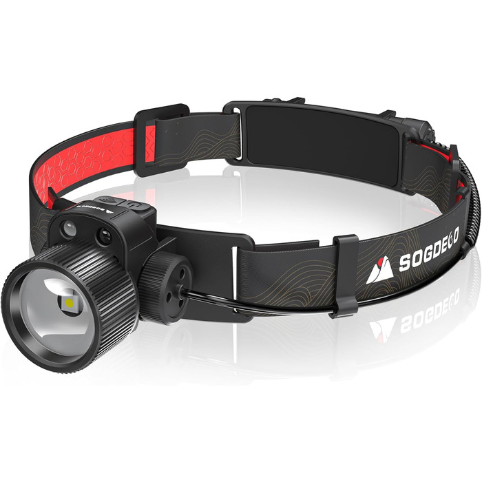 Ліхтар на лоб LED Sogdeco 5000 люмен, акумуляторний, IP68, сенсор, червоне світло, для кемпінгу та виживання