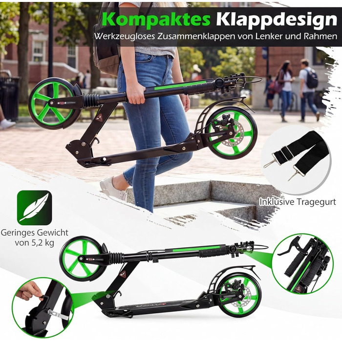 COSTWAY Розкладний самокат для дітей та дорослих, зелений, з дзвіночком та підставкою, до 100 кг