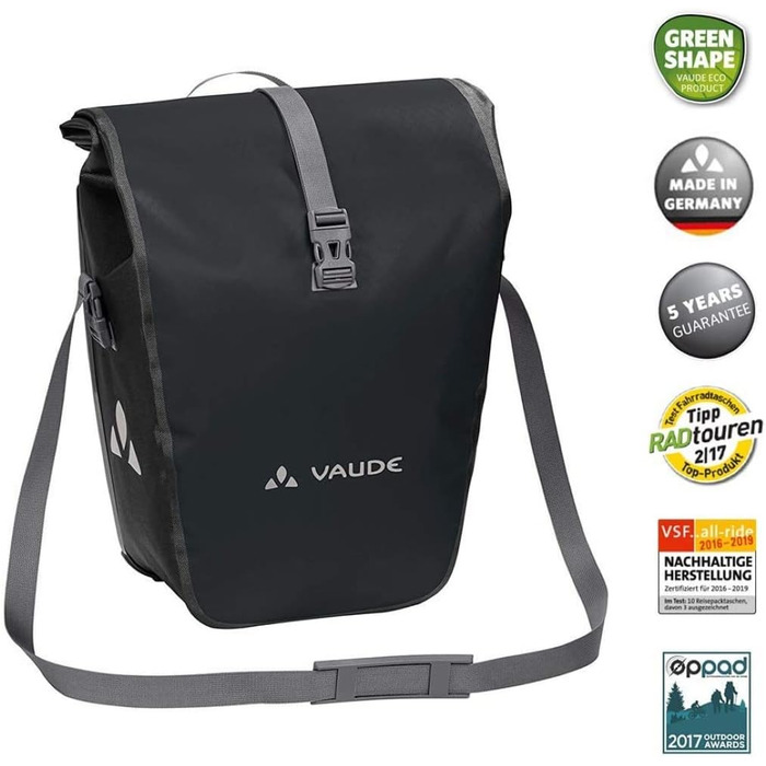 Велосипедні сумки на багажник VAUDE Aqua Back 2x24 л, водонепроникні задні велосумки, проста фіксація, чорні, універсальний розмір, Німеччина