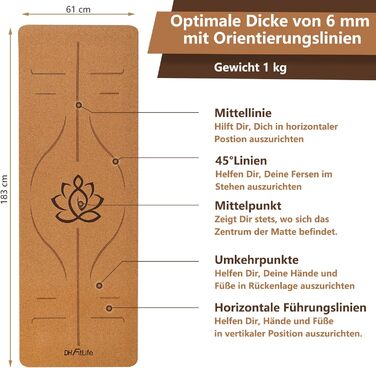 Йога-мат DH FitLife з корку та TPE 183x61x0,6 см, нековзкий, з орієнтаційними лініями та великим лотосом для фітнесу та спорту