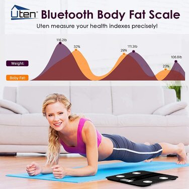 Цифрова вага-аналізатор жиру Uten з Bluetooth, додатком, 180 кг, чорна