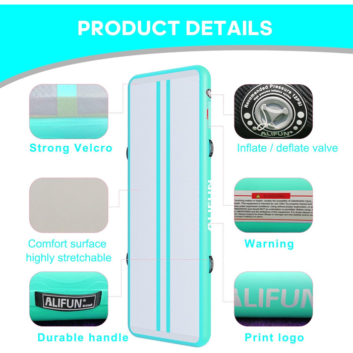 ALIFUN Килимок для гімнастики та акробатики надувний, 2м/3м/4м/6м, 10/20см, з насосом, для дому, фітнесу, тренувань, чирлідингу, басейну (зелений, 300x100x10 см)
