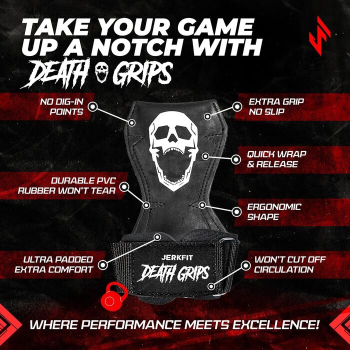 JerkFit Death Grips – ультра преміум лямки для тяги, підтягувань і важкої атлетики, з м'якою підкладкою, захистом долоні та посиленим хватом