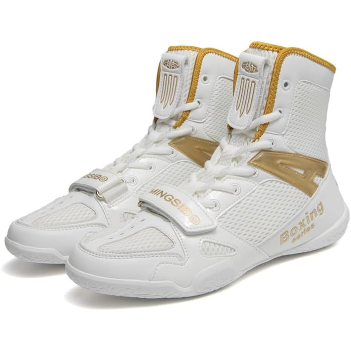 Боксерські кросівки для чоловіків та жінок, дитячі кросівки для залу, кросівки для боротьби, високогірні боксерські кросівки з неслизькою підошвою та дихаючим матеріалом (38 EU, білий/золотий)