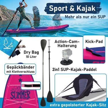 SUP дошка BRAST Summer надувна, 320x81x15 см, рожева: комплект з аксесуарами (рюкзак, весло 2-в-1, сидіння для каяка, тримач для екшн-камери, ліш)