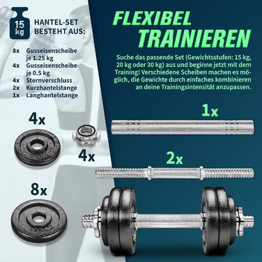 Набір гантелей RE:SPORT 2 в 1 15-30 кг, регульовані, чавунні, коротка і довга гантель, зіркові замки, з'єднувальна труба