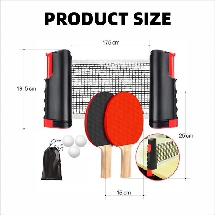 Набір для настільного тенісу з регульованою ручкою та сіткою, ідеальний для гри в приміщенні та на вулиці, а також для тренувань. Комплект 2